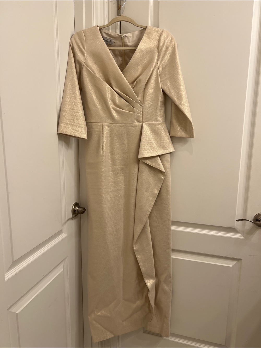 Teri Jon Cream V-Neck Draped Midi Dress Gown